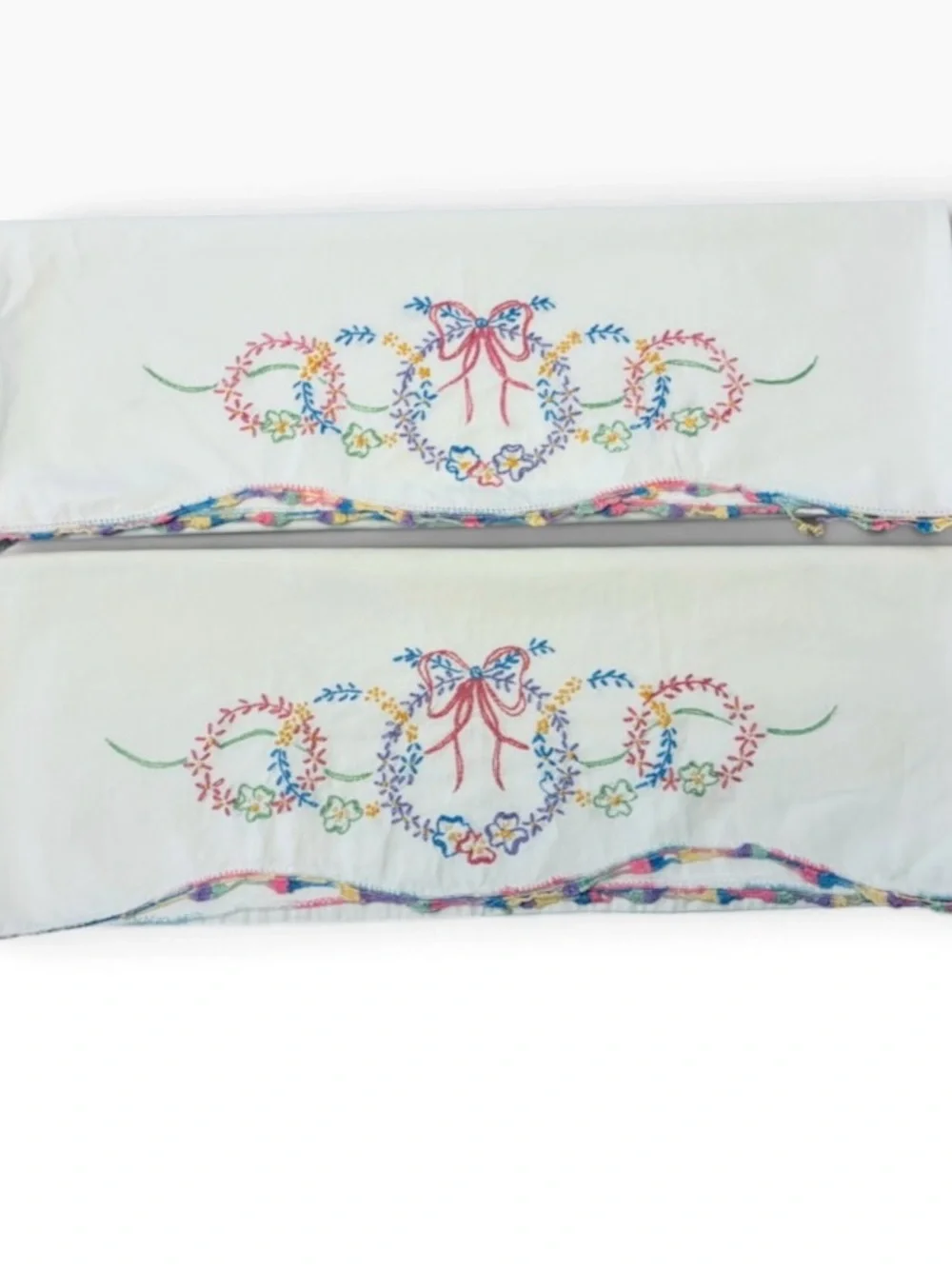 Handmade Vintage Floral Embroidered White Standard Pillowcase Set